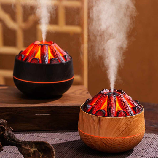 Simulated Charcoal Fire Humidifier Silent Ultrasonic Dual Mist Mode Built in Essential Oil Aromatherapy