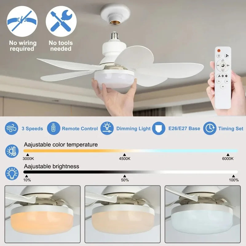 Socket Fan Light with Remote, 20.5in Small Ceiling Fan with LED, E26/27 Cordless Light Screw Fan for Kitchen Bedroom, Small Room