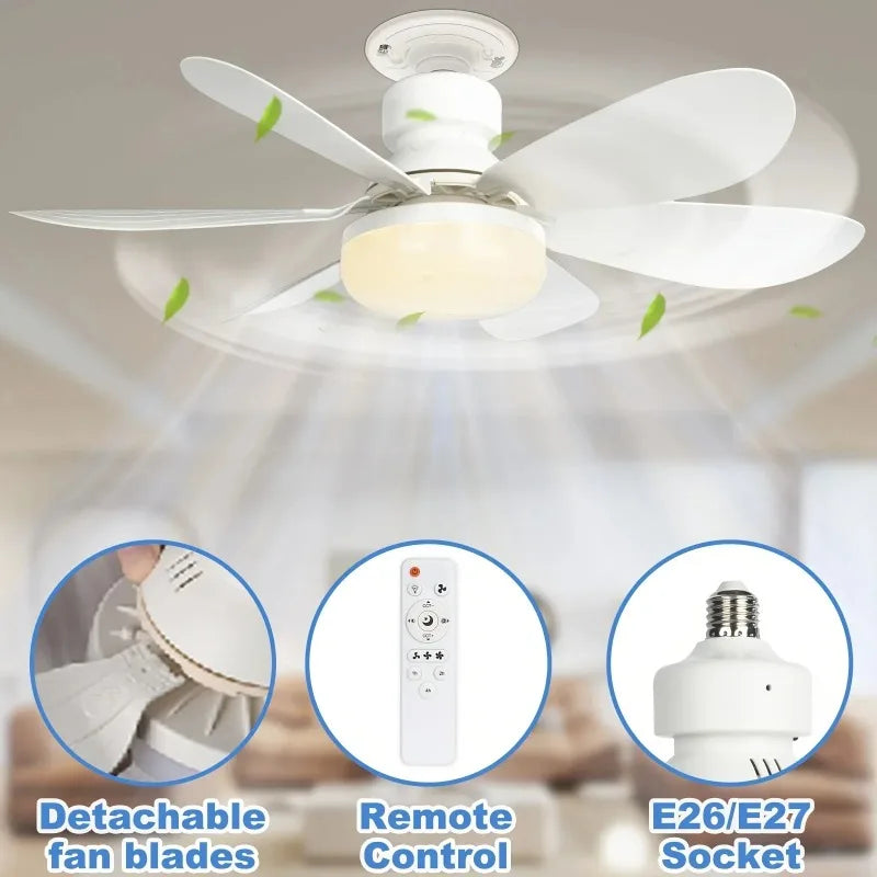 Socket Fan Light with Remote, 20.5in Small Ceiling Fan with LED, E26/27 Cordless Light Screw Fan for Kitchen Bedroom, Small Room