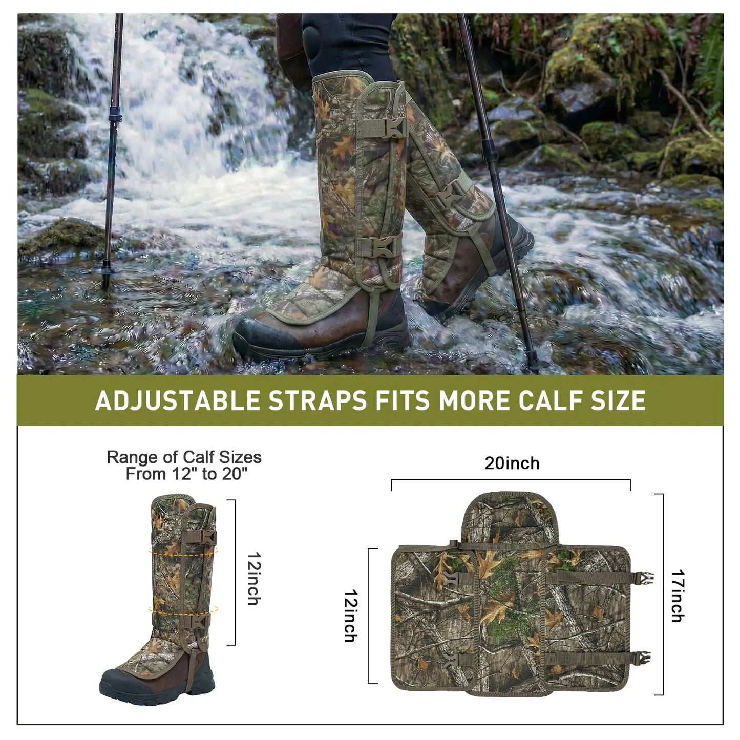 Snake Gaiters Waterproof Leg Guards with 12 PE Boards Adjustable Buckles Camo Armor for Hunting Hiking Trekking Snake Bite Proof