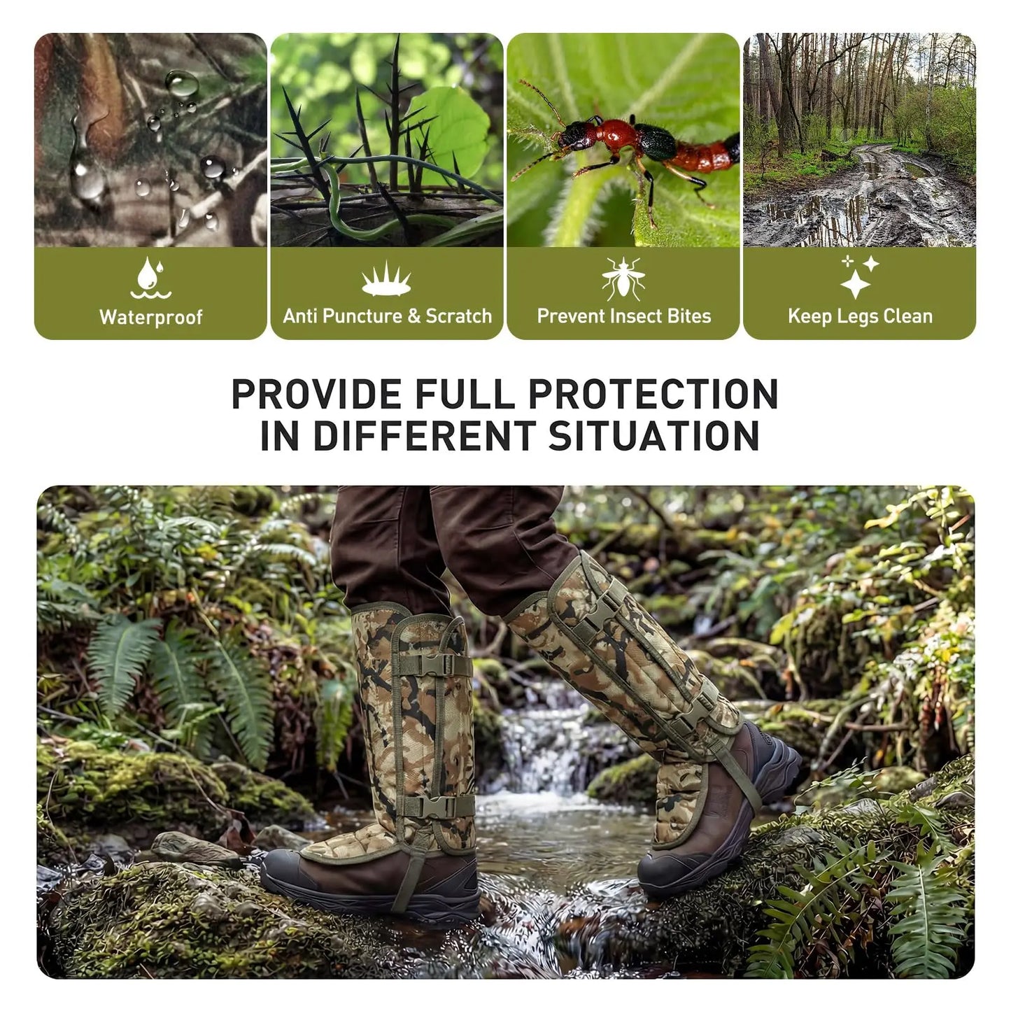 Snake Gaiters Waterproof Leg Guards with 12 PE Boards Adjustable Buckles Camo Armor for Hunting Hiking Trekking Snake Bite Proof